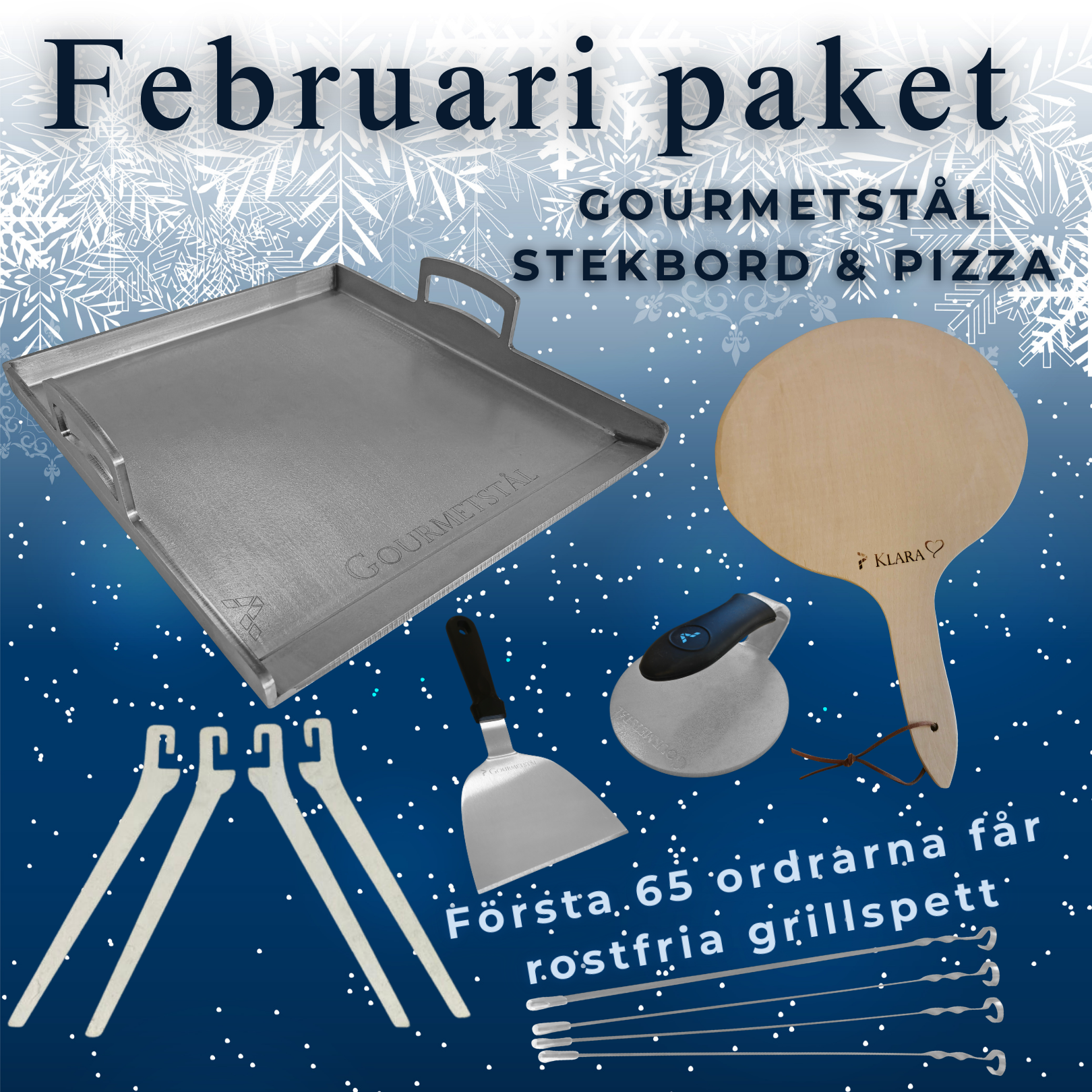 Februaripaket - Gourmetstål Stekbord & Pizza (Välj ditt paket här: Gourmetstål 34x39cm art 2042 + träspade + stekskrapa + rund smasher + gåva grillspe