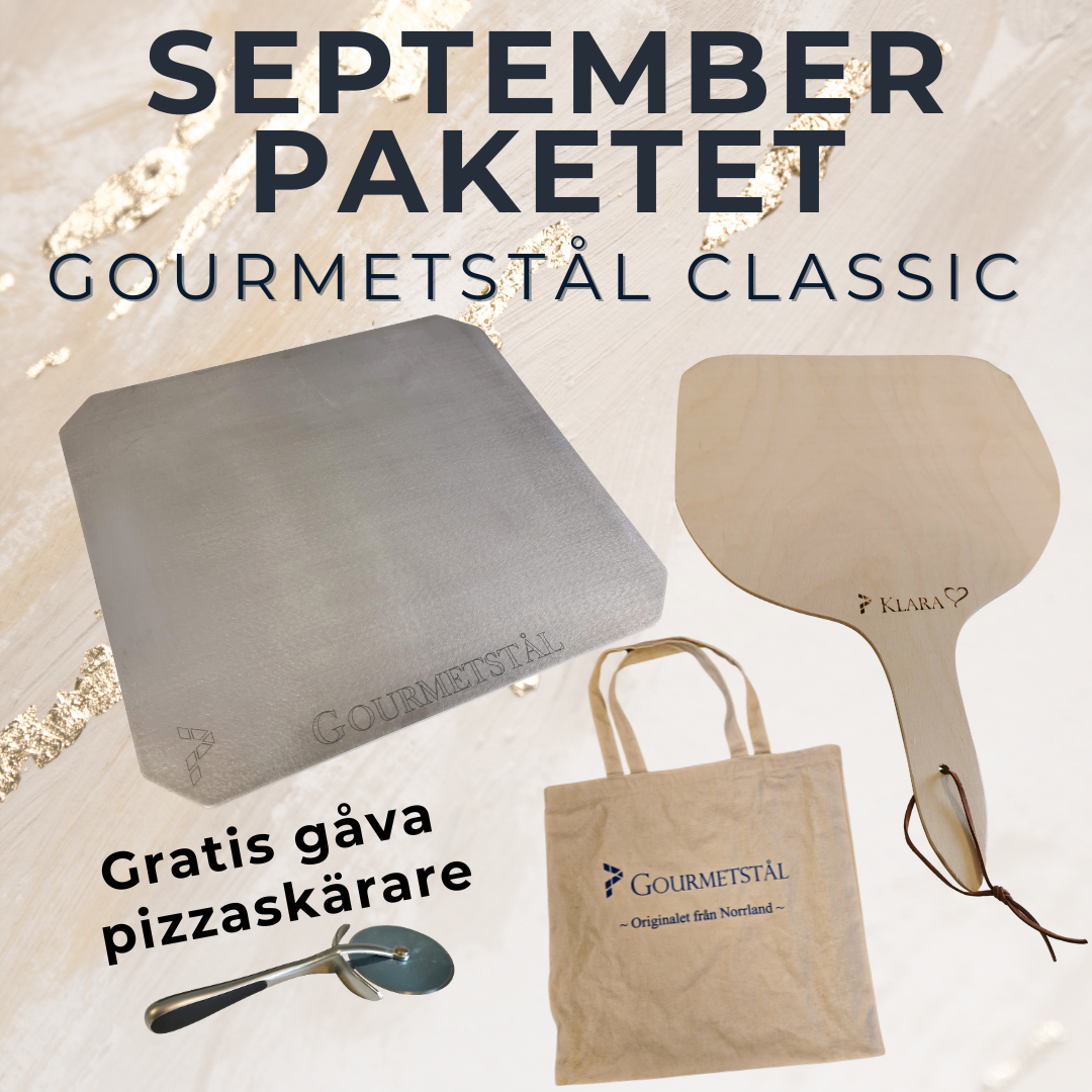 Septemberpaketet! Gourmetstål Classic - stort pizzaparty & stekbord (Välj ditt paket: Gourmetstål Classic art 2002 + pizzaspade klara + tygkasse + gåv