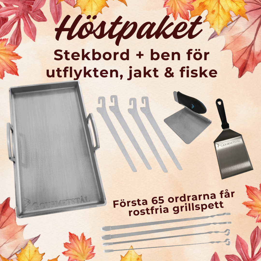 Höstpaket - Gourmetstål + Ben för utflykten, jakt, fiske, skoter m.m. (Välj ditt paket här: Gourmetstål 25x42cm + ben + gåva grillspett)