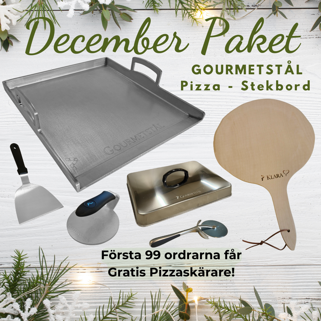 December Paketet - Gourmetstål Stekbord & Pizza (Välj ditt paket här: Gourmetstål 34x39cm art 2042 + träspade + stekskrapa + gåva pizzaskärare)